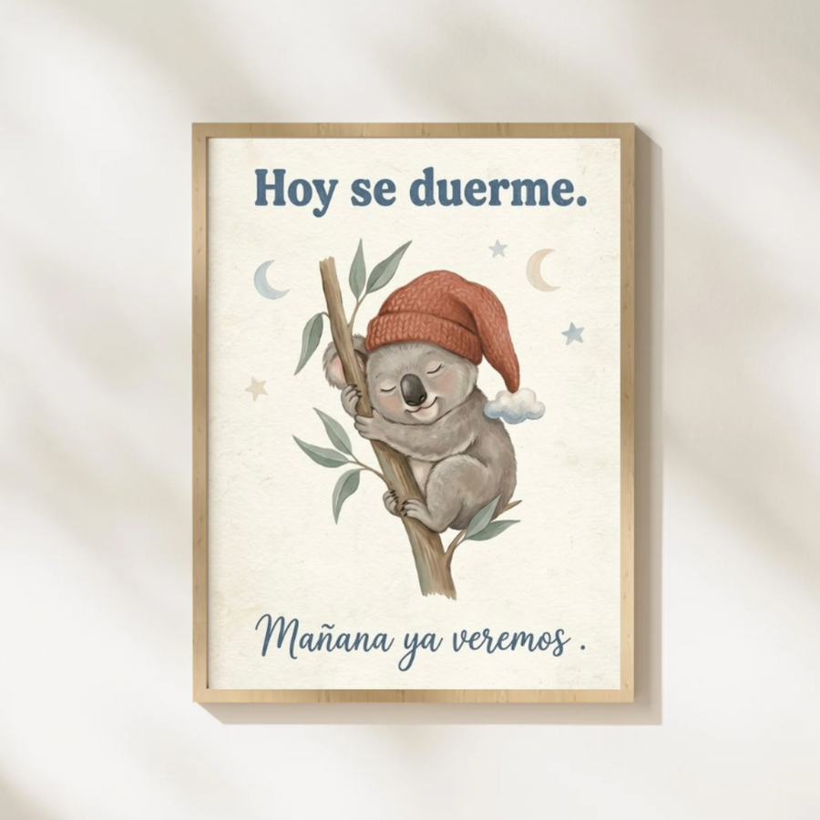 Lámina infantil «Hoy se duerme, mañana ya veremos» con ilustración de koala dormido – Viva La Home