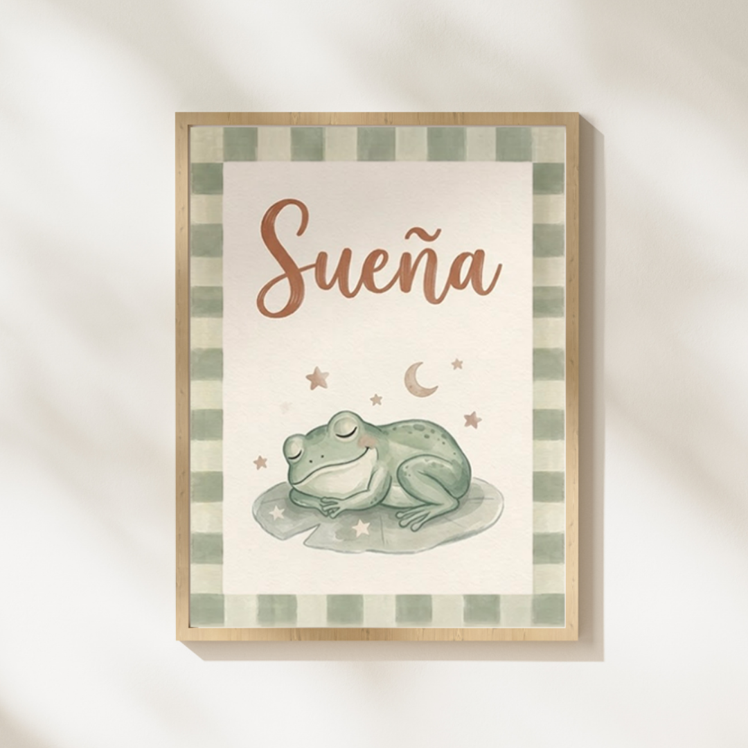 Lámina infantil «Sueña» con ilustración de ranita durmiendo sobre un nenúfar – Viva La Home