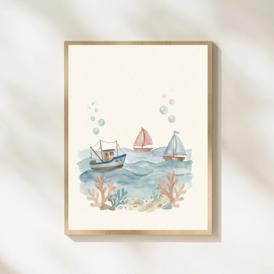 Lámina infantil «Aventuras en el mar» con ilustración de barcos entre olas – Viva La Home