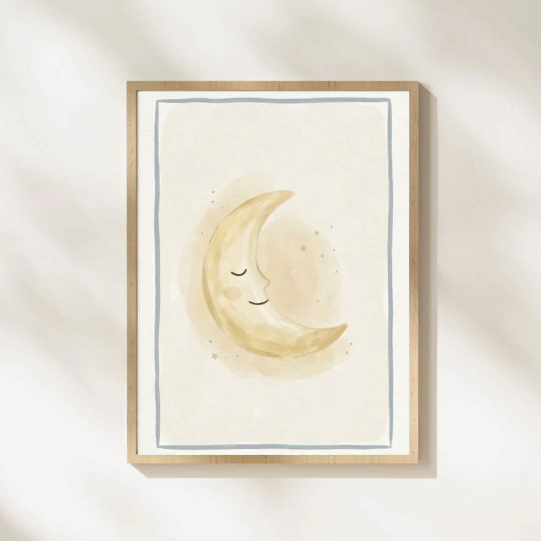 Lámina infantil «Dulce lunita» con ilustración de luna sonriente en acuarela – Viva La Home