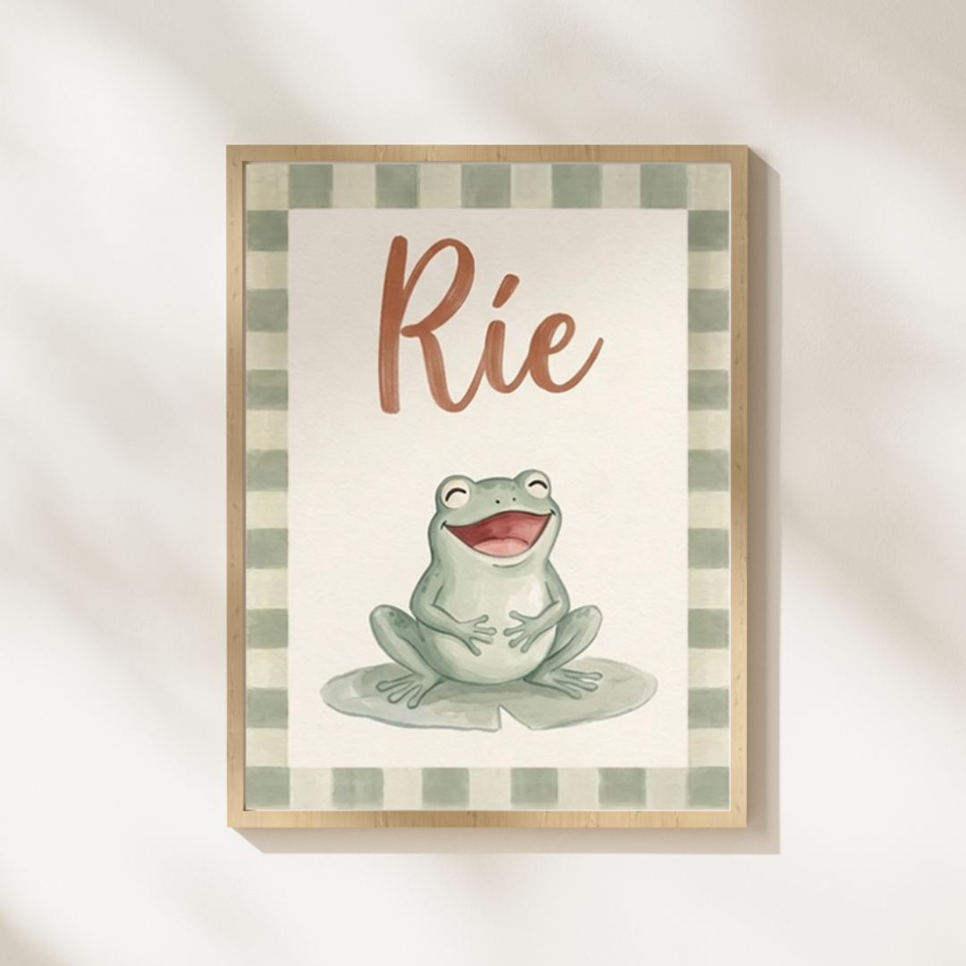 Lámina infantil «Ríe» con ilustración de ranita riendo sobre un nenúfar – Viva La Home