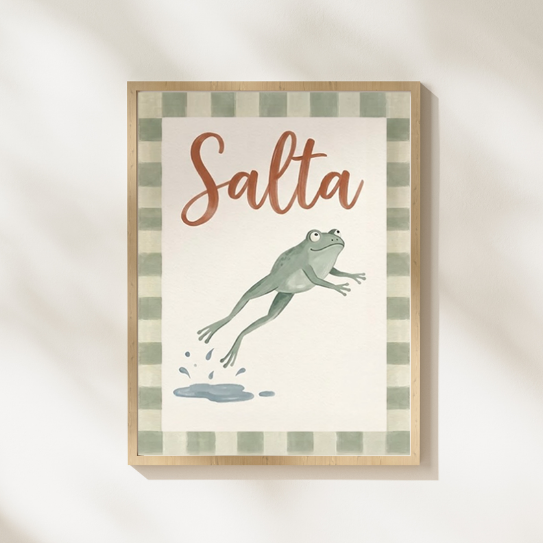 Lámina infantil «Salta» con ilustración de ranita saltando – Viva La Home