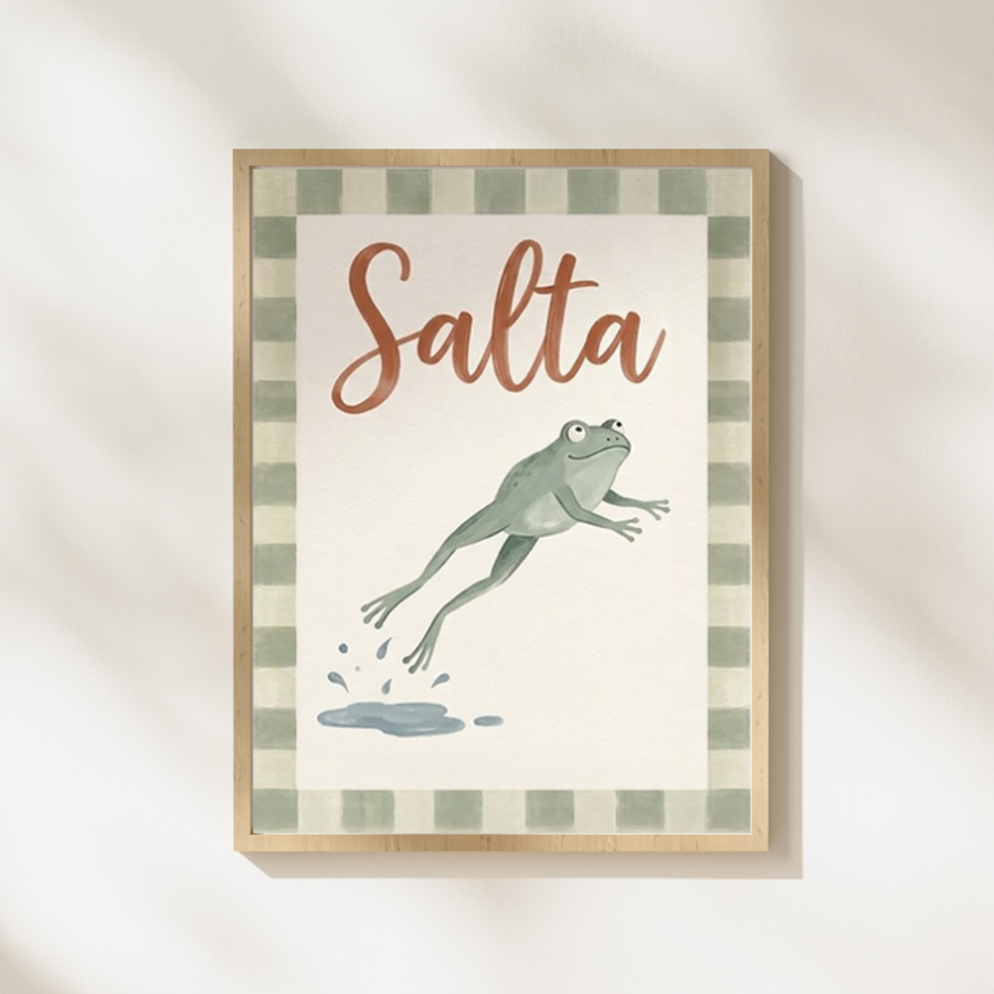 Lámina infantil «Salta» con ilustración de ranita saltando – Viva La Home