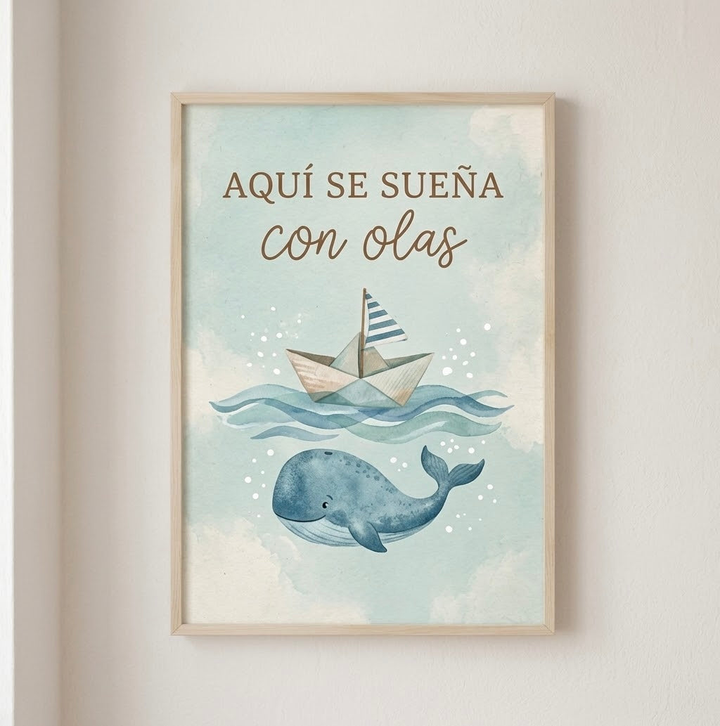 Lámina decorativa infantil «Aquí se sueña con olas» en A4 y A3 – Viva La Home