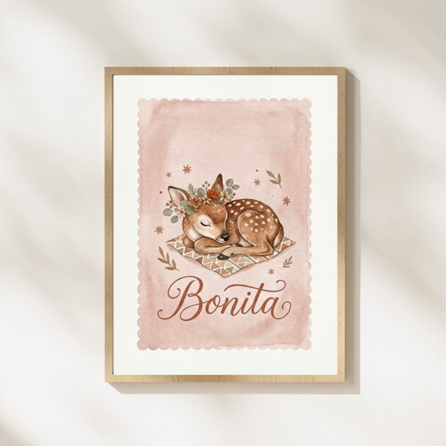 Lámina infantil «Bonita» con ilustración de cervatilla con corona de flores – Viva La Home