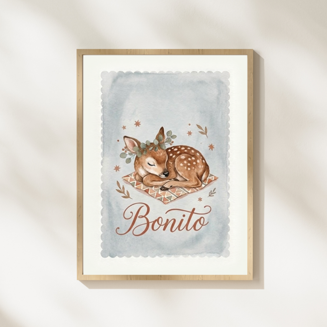 Lámina infantil «Bonito» con ilustración de cervatillo con corona de hojas – Viva La Home