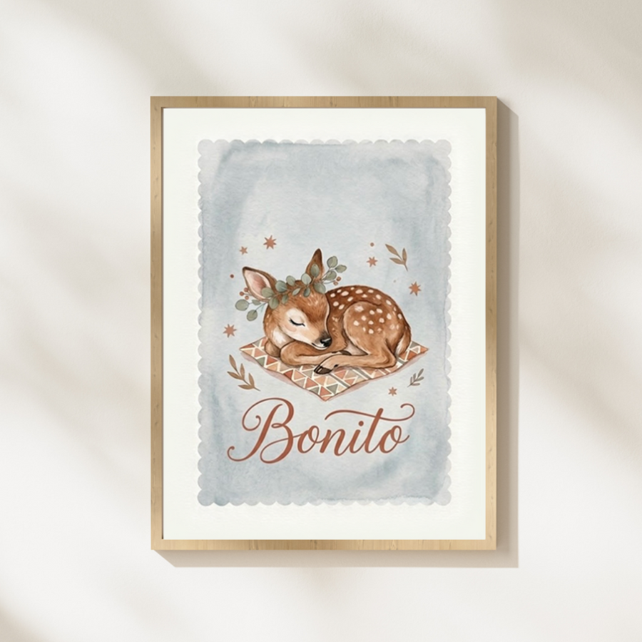 Lámina infantil «Bonito» con ilustración de cervatillo con corona de hojas – Viva La Home
