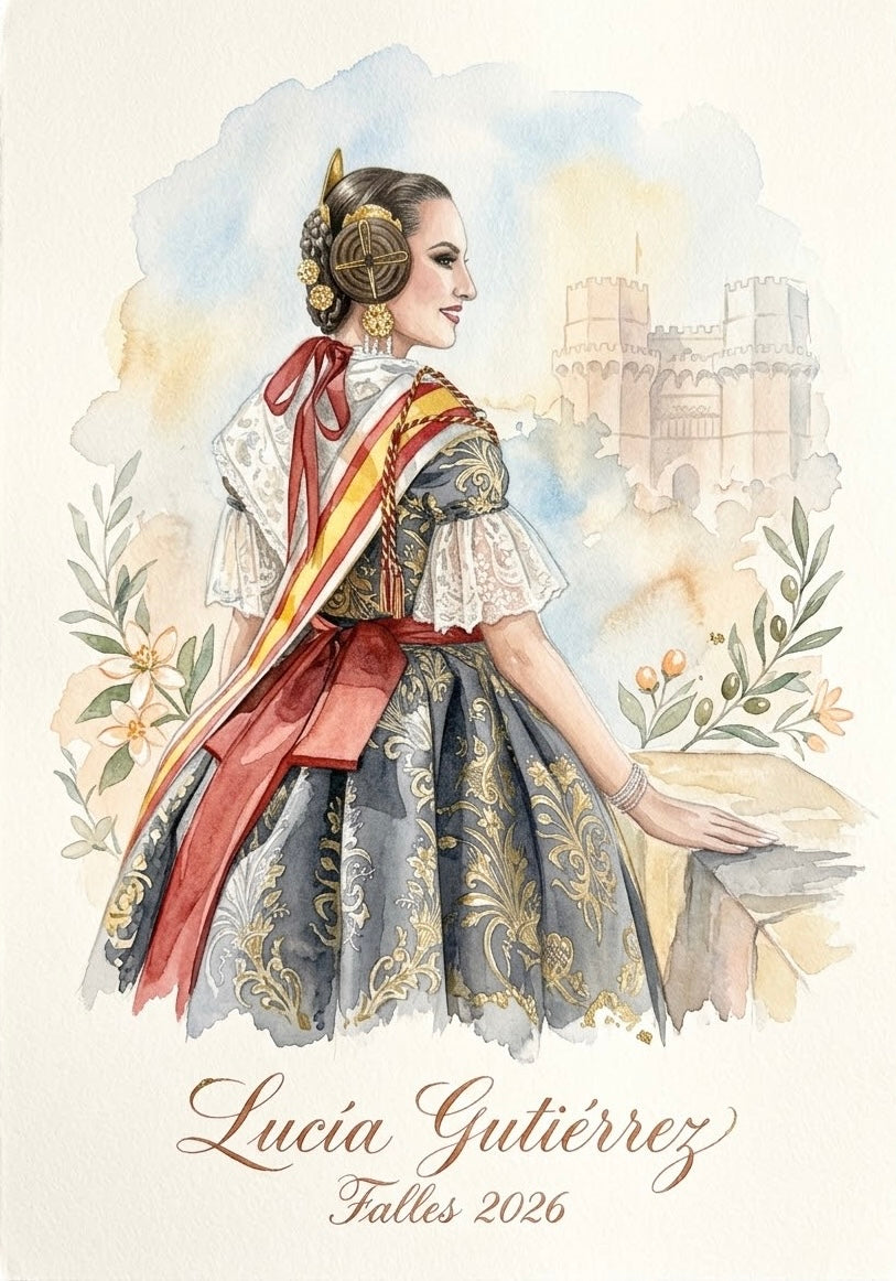 Ilustración de fallera con nombre y año