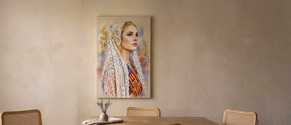Lienzo de fallera con mantilla colgado en un comedor