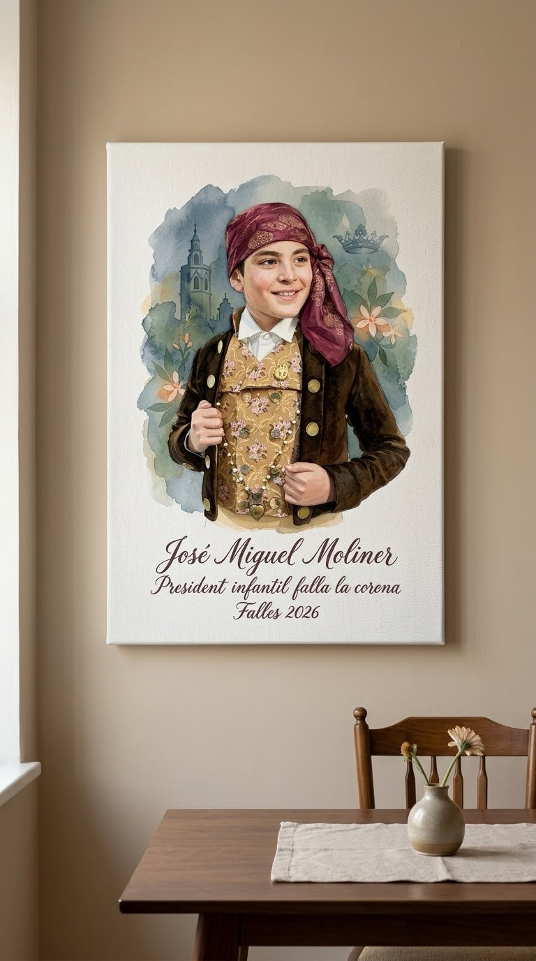 Lienzo personalizado de president infantil fallero colgado en casa